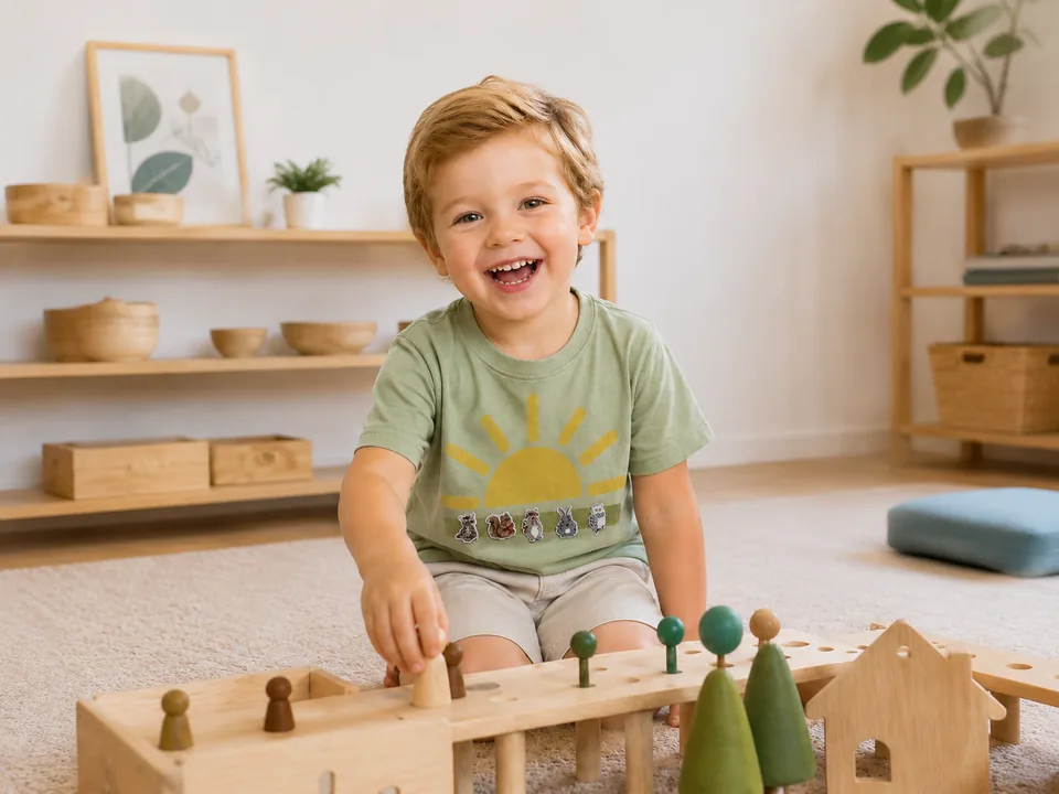 Smiling toddler playing with wooden toys while wearing a green Wear Your Wins reward T-shirt.