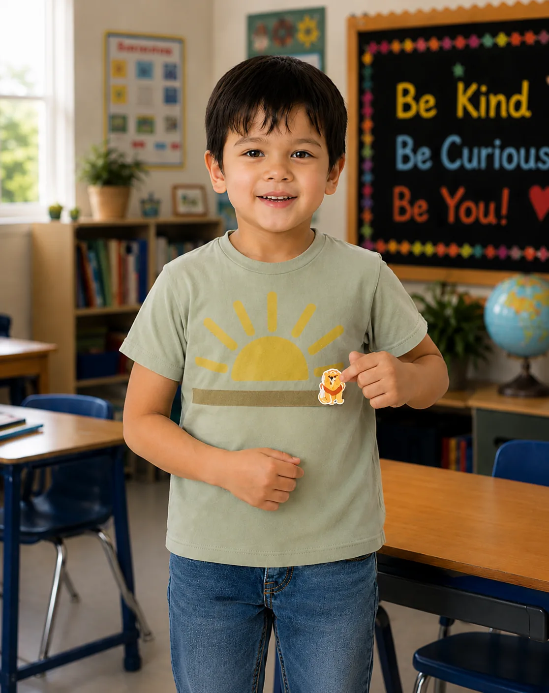 A smiling student in a classroom wearing a Wear Your Wins reward T-shirt and holding a lion reward token.