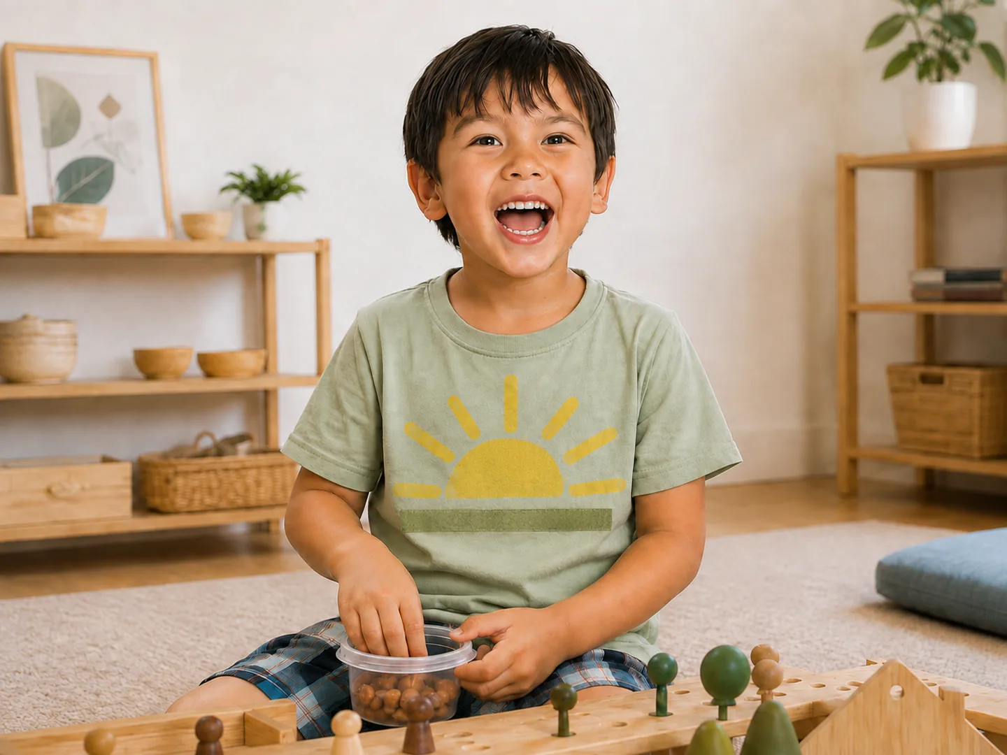Wear Your Wins reward T-shirt for young children Young child smiling while wearing a Wear Your Wins reward T-shirt with a sun and waves print.