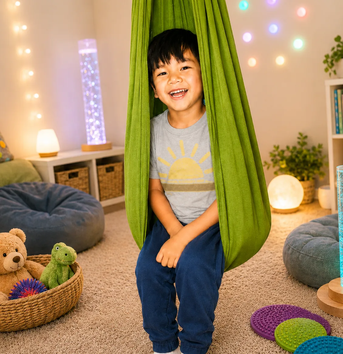 Smiling child relaxing in a green sensory swing while wearing a Wear Your Wins reward T-shirt with a sun print.