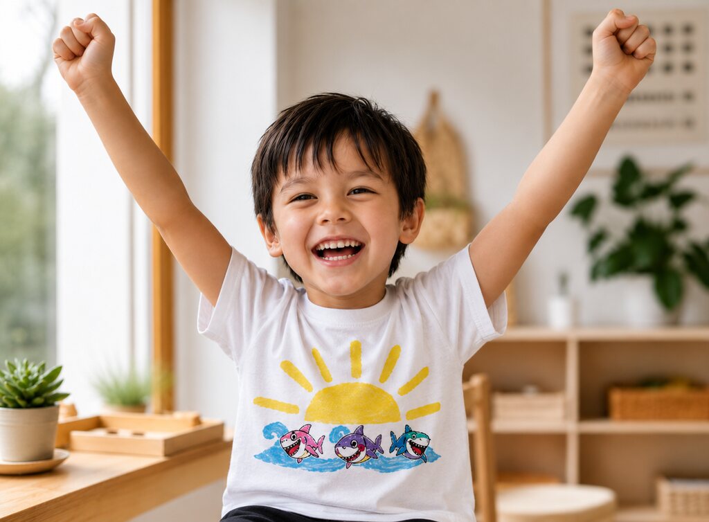 WearYourWins Reward Token T-Shirt for Kids Toddler boy wearing a Wear Your Wins reward token T-shirt celebrating a personal achievement.
