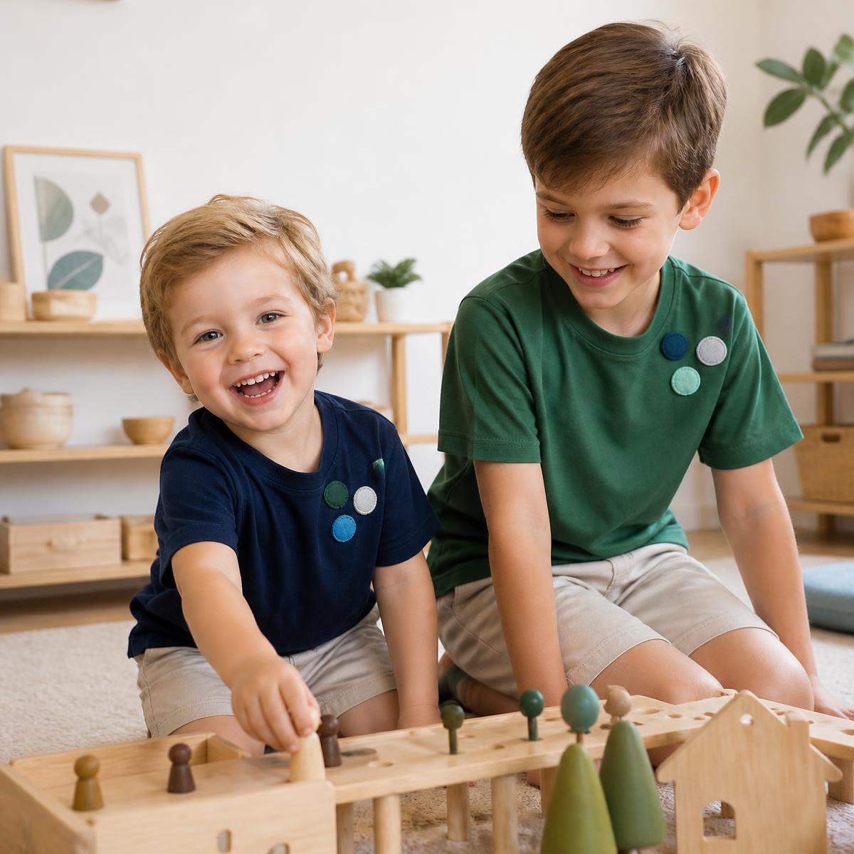 Two young children wearing reward tees with fabric tokens while playing
