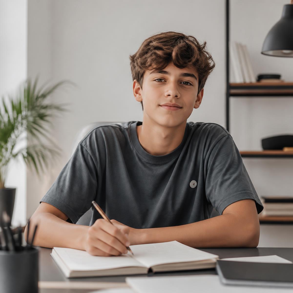 A teenager wearing a neutral grey reward tee while studying